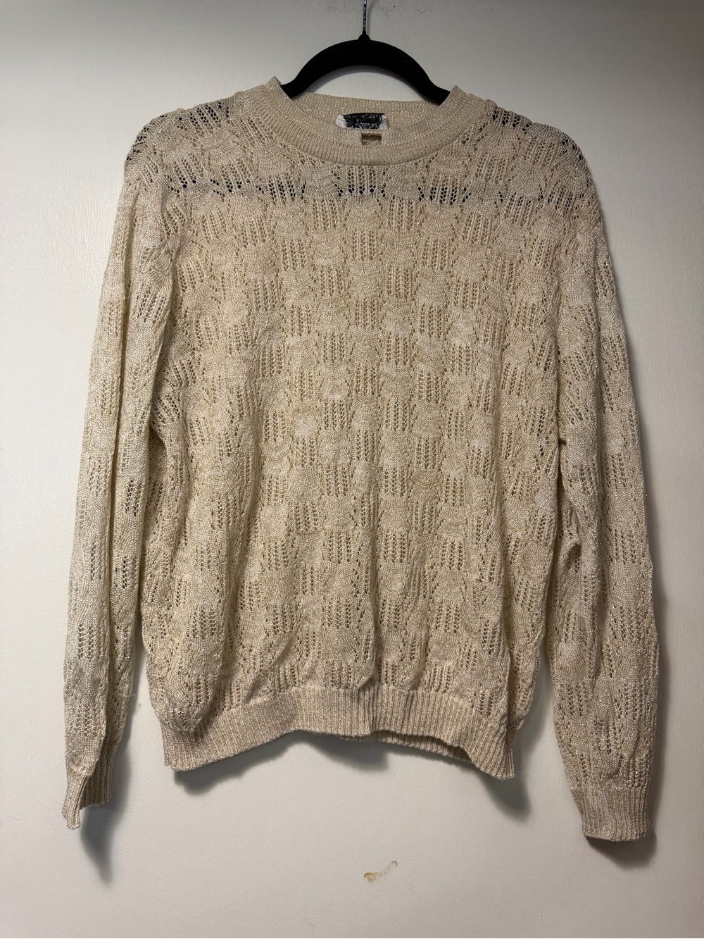 Beautiful Vintage Light Cream Gold Sparkle Open-Weave Sweater Made in Canada